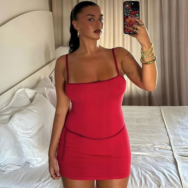 Patchwork Solid Spaghetti Bodycon Dress