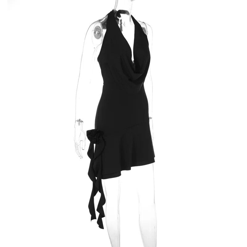 Floral Applique Ruffle Deep Neck Halter Mini Dress