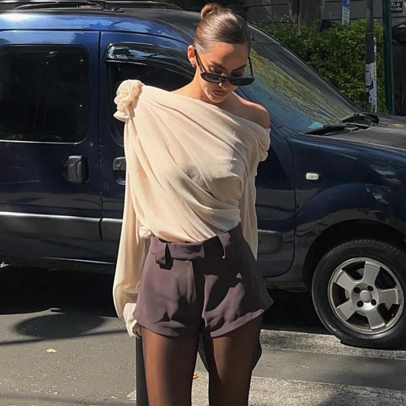 Floral Applique Mesh One Shoulder Long Sleeve Top