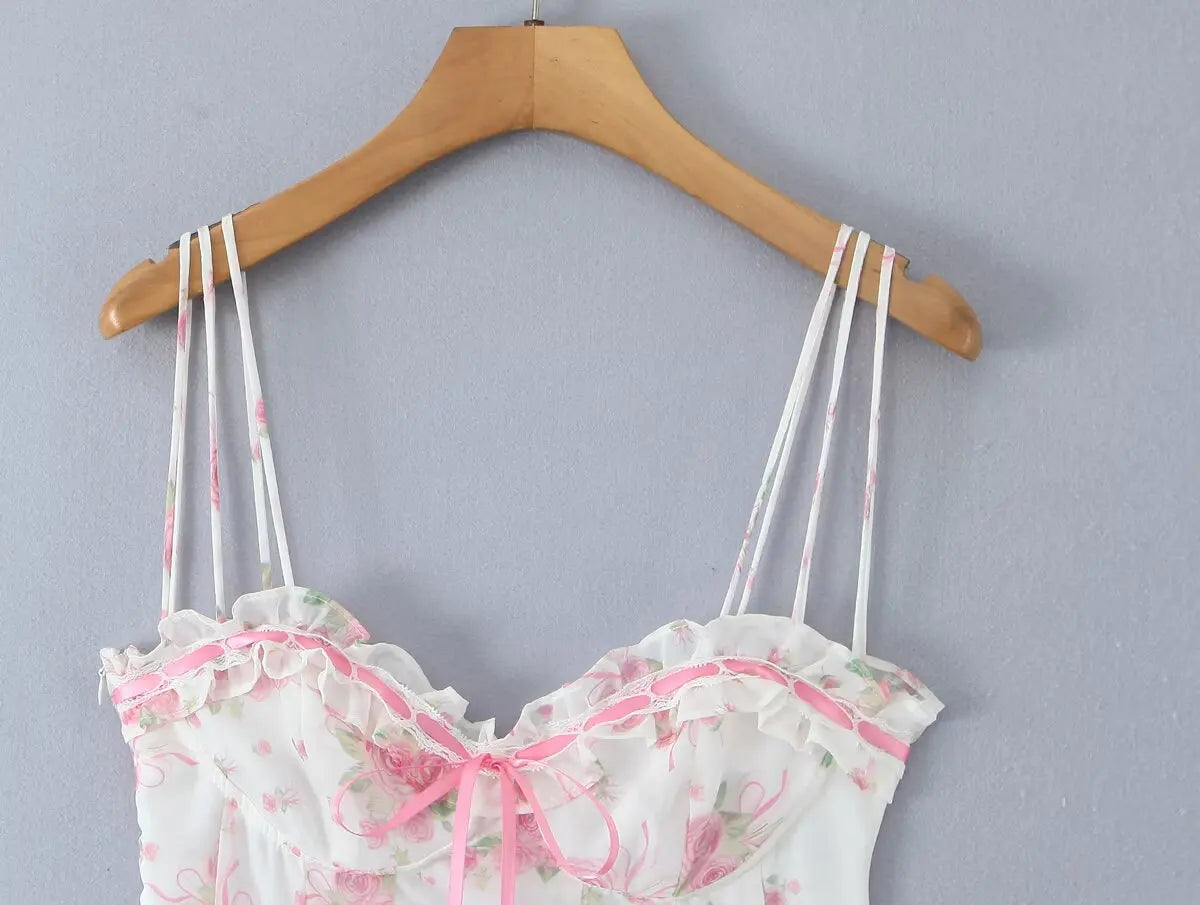 Pink Floral Bow Mesh Cami Mini Dress