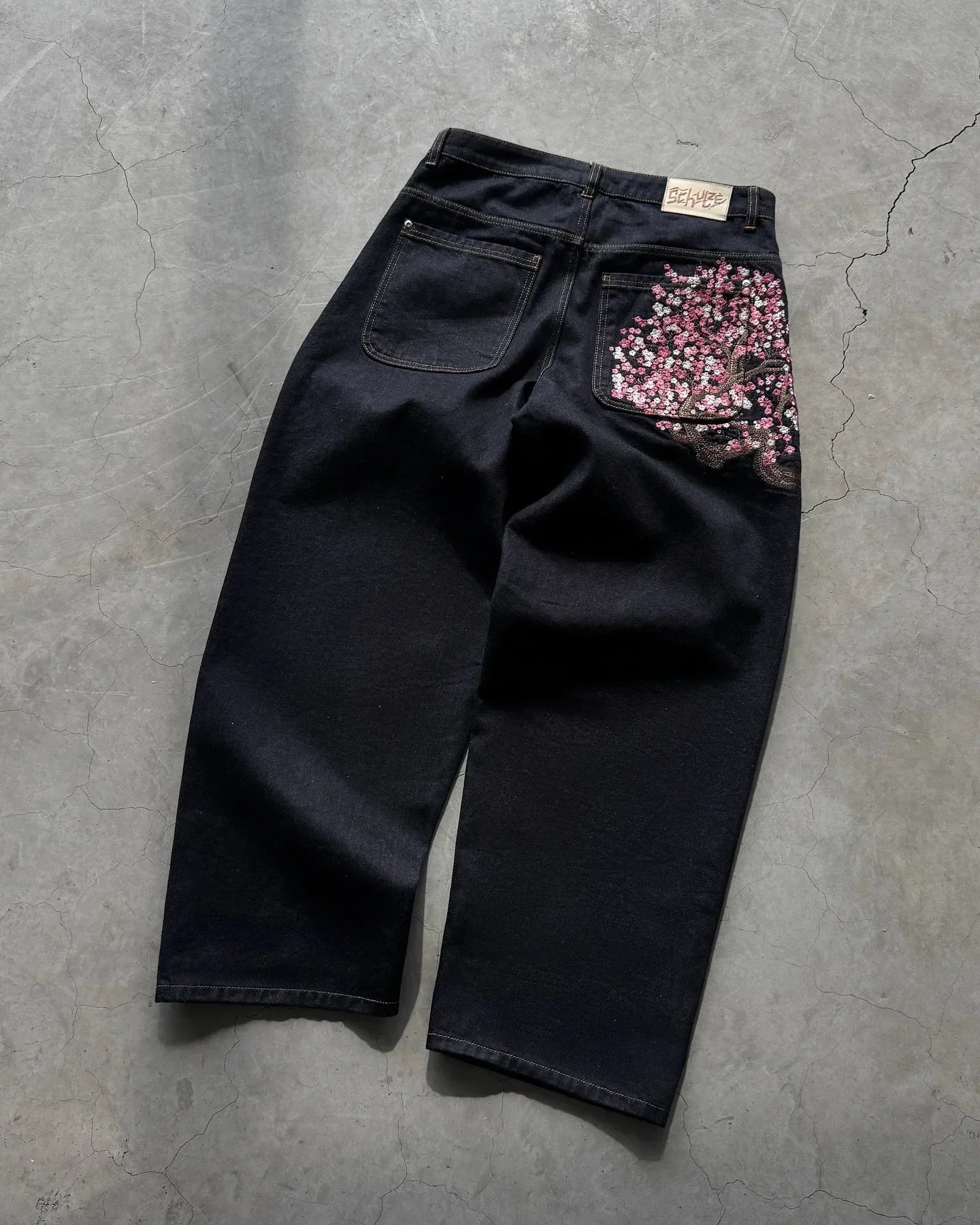 Cherry Blossom Embroidery Wide Leg Jeans