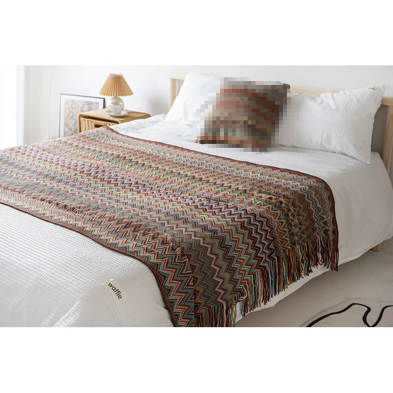 Bohemian Style Blanket Tassels Shawl Yarn Dyed Blanket Sofa Towel manta Home Bedside Blanket Decoration Plaid (No Pillowcase)
