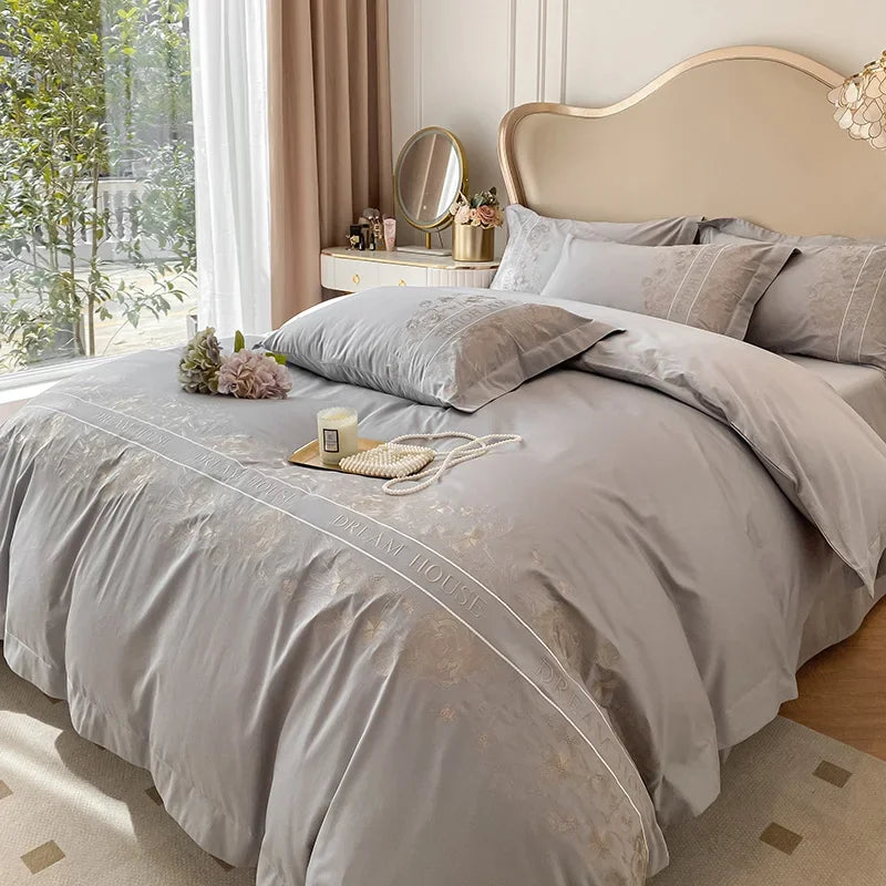 High-end 180S Long-staple 100% Cotton Embroidery Quilt Cover Fitted Sheet Autumn and Winter Light Luxury Comforter Bedding Sets