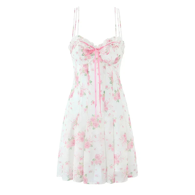 Pink Floral Bow Mesh Cami Mini Dress