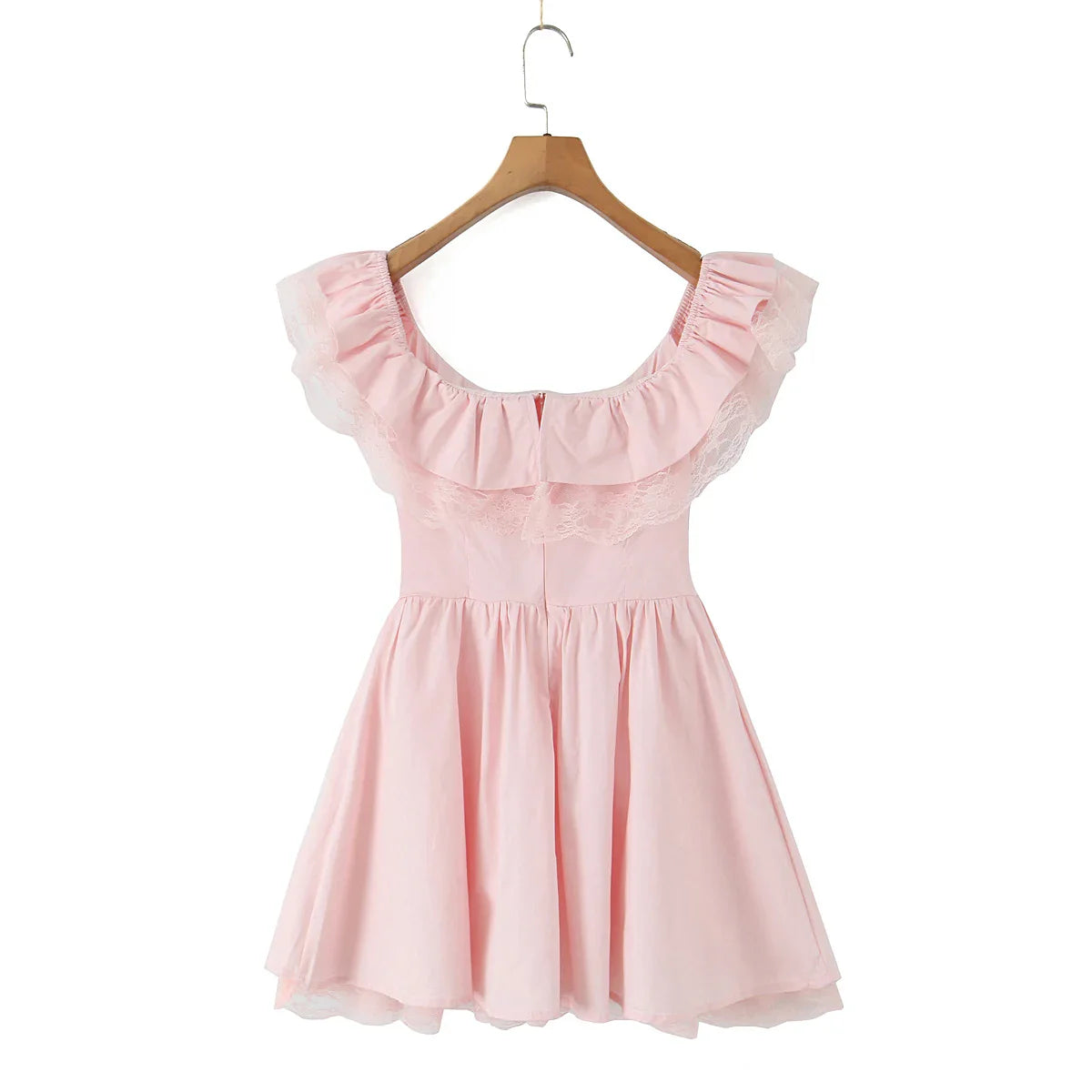 Pink Lace Ruffle Bow Off-shoulder Mini Dress