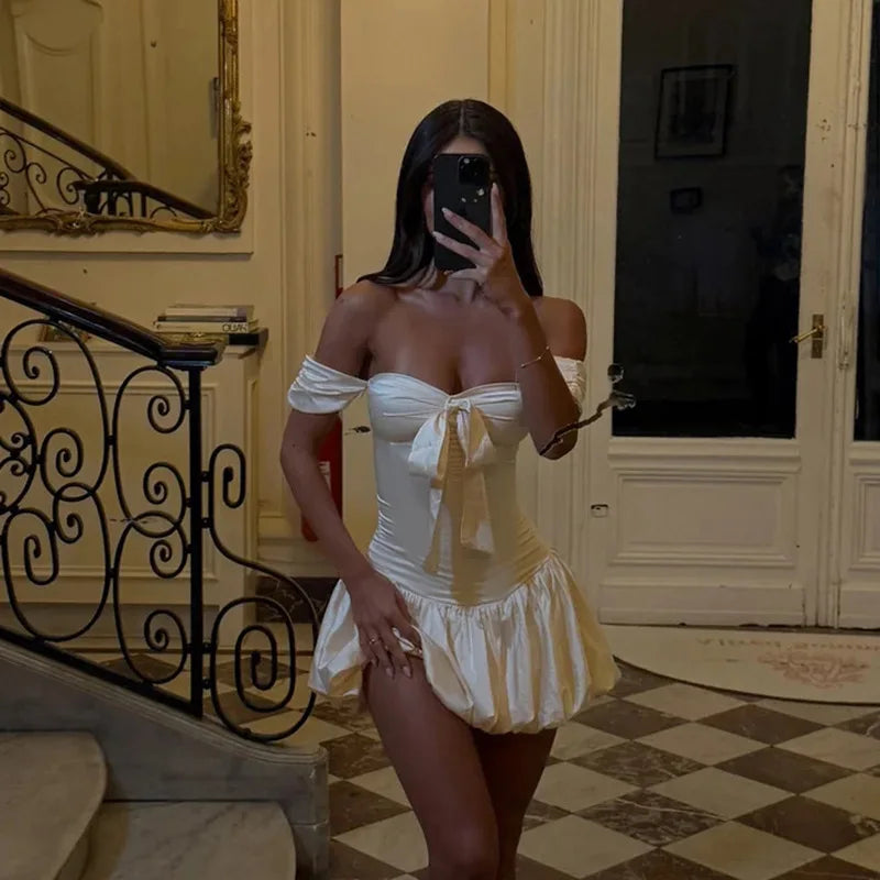 White Satin Off Shoulder Elastic Puff Mini Dress