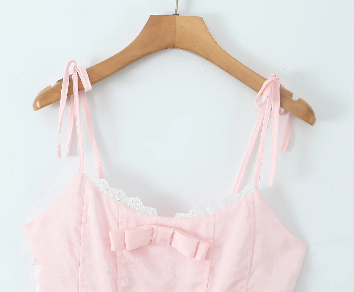 Tie Up Bow Lace Trim Flare Mini Dress