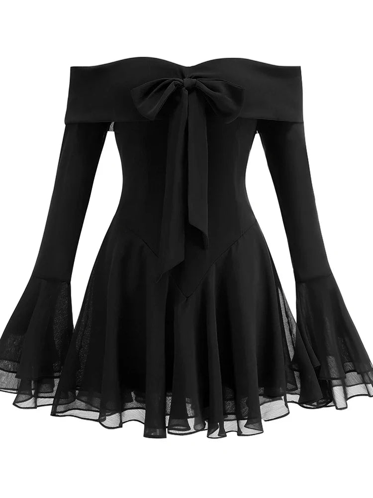 Off-shoulder Long Flare Sleeve Bow Mini Dress