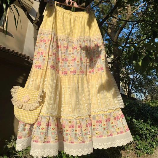 Yellow Floral Print Patchwork Lace Maxi Skirt - Sweet A-Line