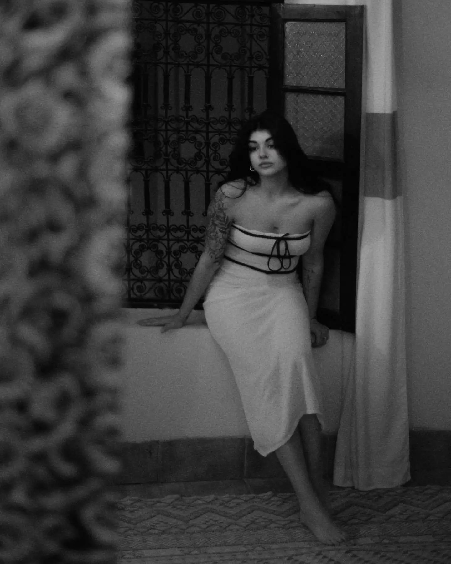 Knit Tube Black Stripe Tie-Up Midi Dress