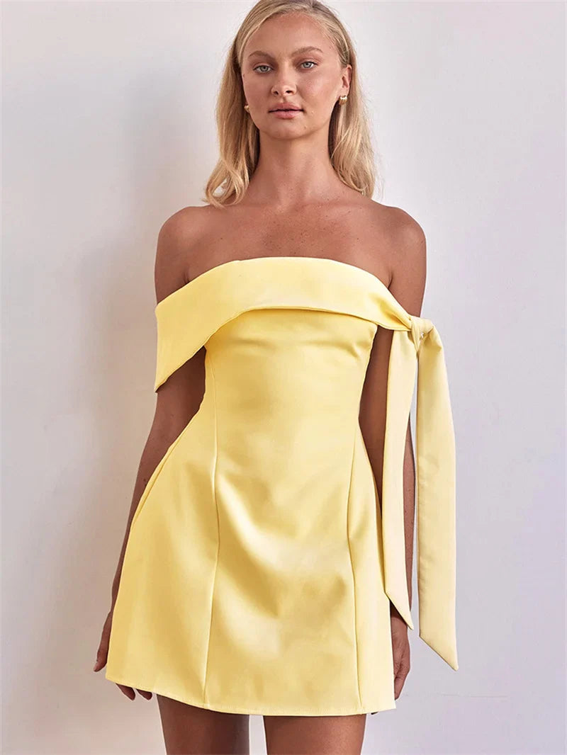 Off-shoulder Tie Up Solid Mini Dress