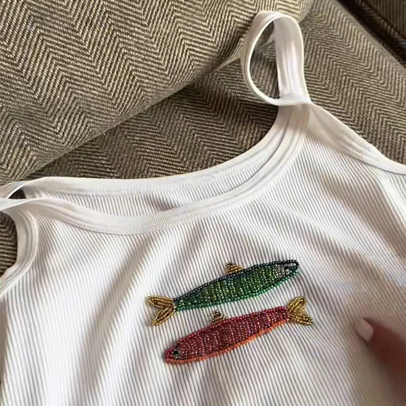 White 3d Beading Embroidery Tank Top