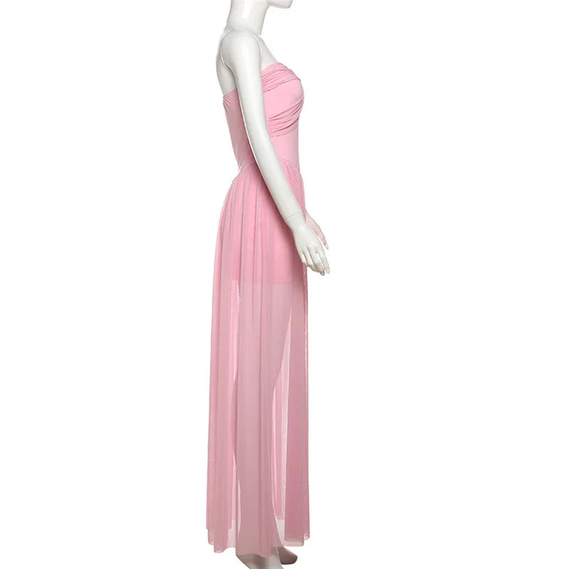 Pink Strapless Mesh Maxi Dress