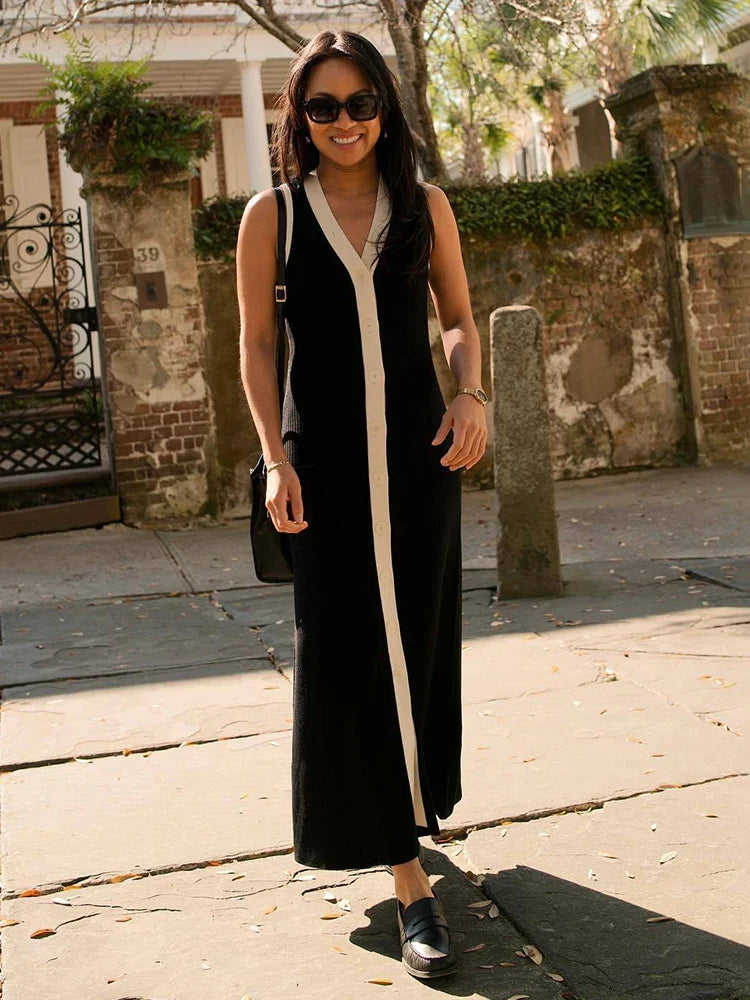 Strapless Contrast Stripe V-neck Midi Dress