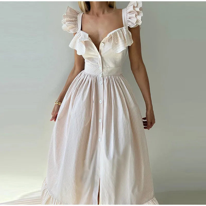 Ruffles Striped Square Collar Buttoned Long Dress
