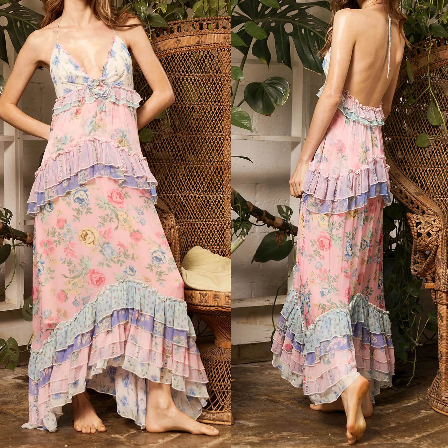 Floral Print Multi-Layered Ruffles V Neck Maxi Dress