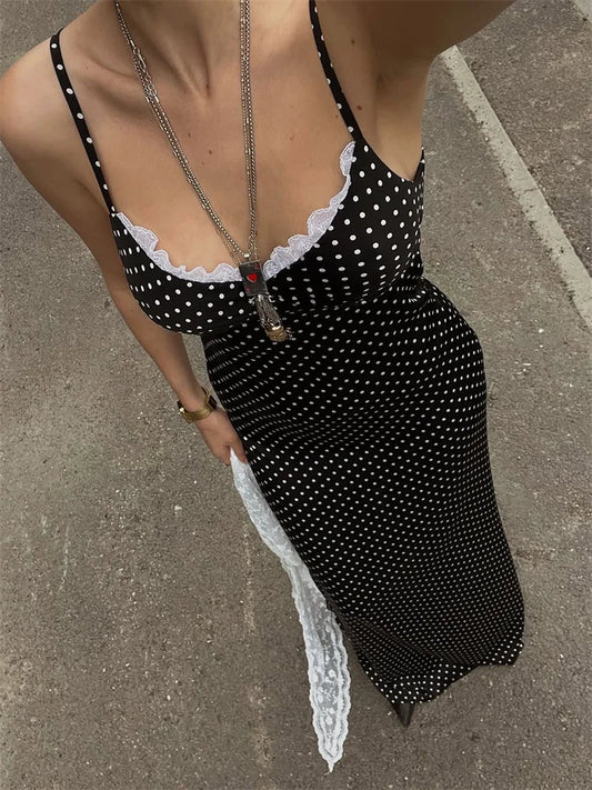 Black Polka Dot Lace Scarf Tie Up Wasit Maxi Dress
