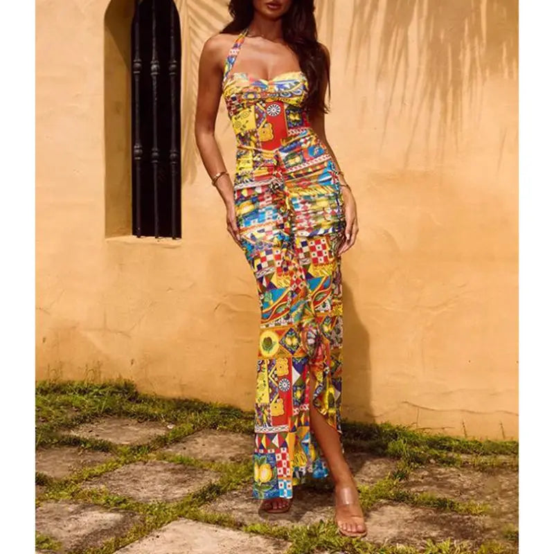 Halter Pattern Print Long Dress - Sheath Fit