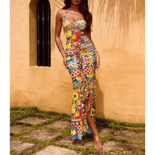 Halter Pattern Print Long Dress - Sheath Fit