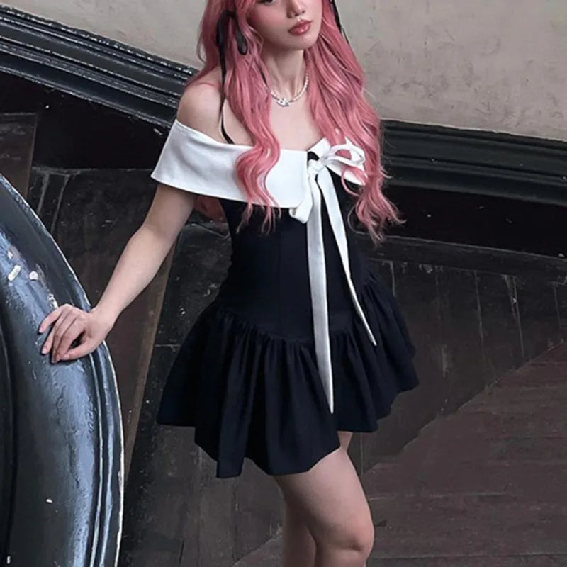 Bow Lace-up Black Off Shoulder Mini Dress