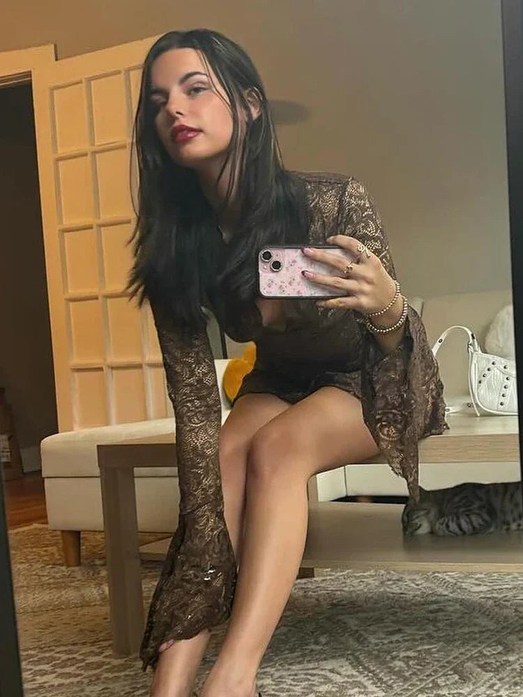 Lace Ruffles Long Sleeve Mini Dress