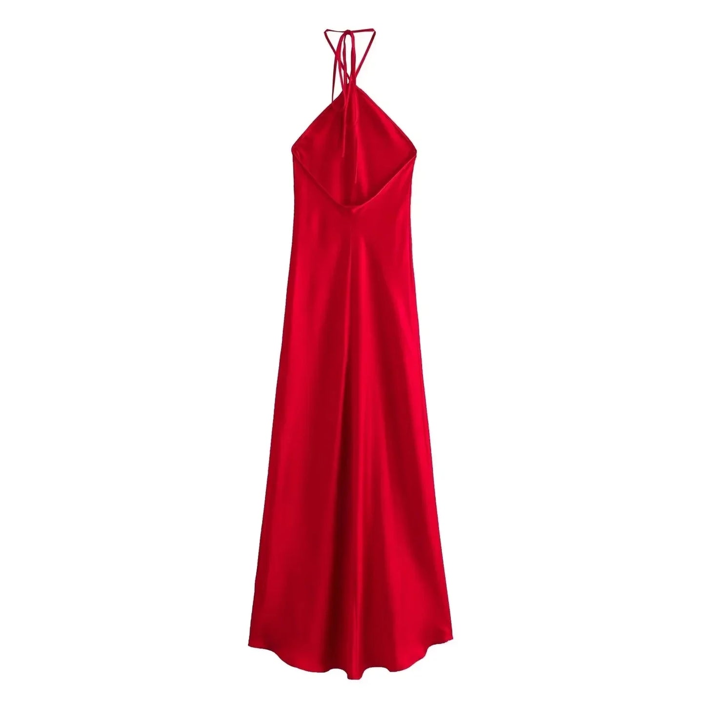 Red Satin Halter Maxi Dress
