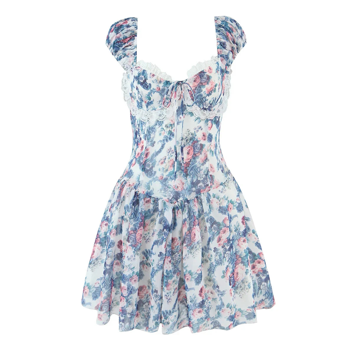 Blue Printed Short Sleeve Bustier Mini Dress
