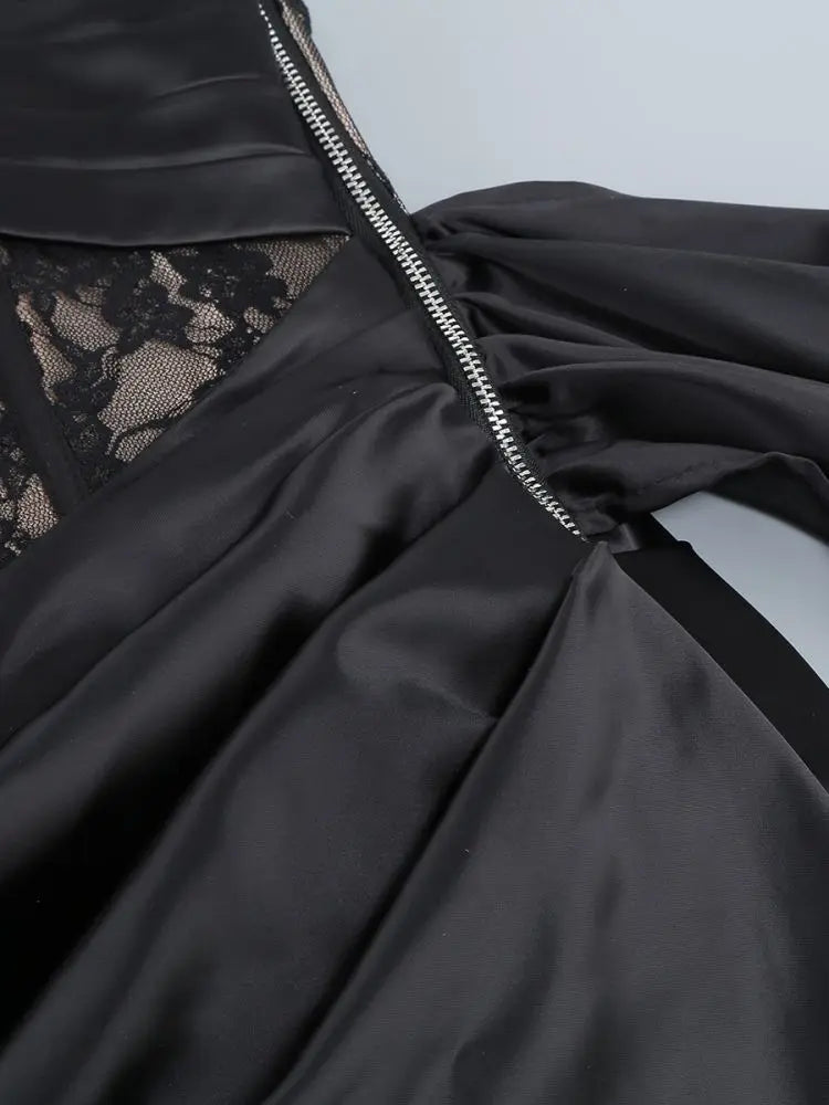 Lace Corset Cut Out Satin Draped Gloves Midi Dress