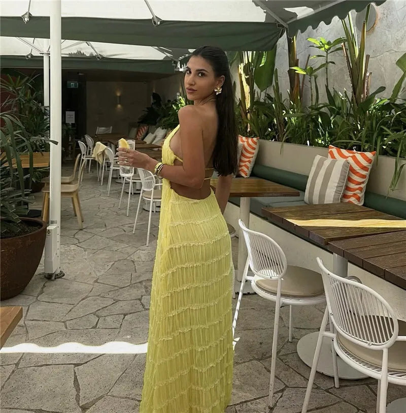 Halter Textured Open Back Maxi Dress