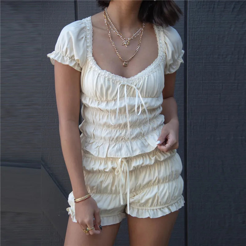 Ruched Short-Sleeve Tops And Bloomer Shorts Set