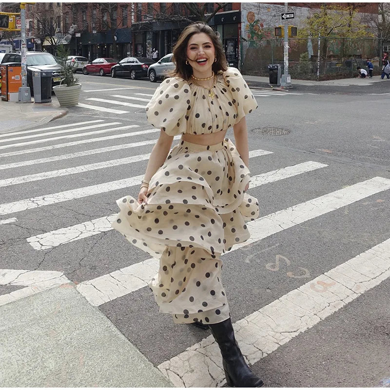 Polka Dot Bubble Sleeve Top And Ruffles Maxi Skirt Set