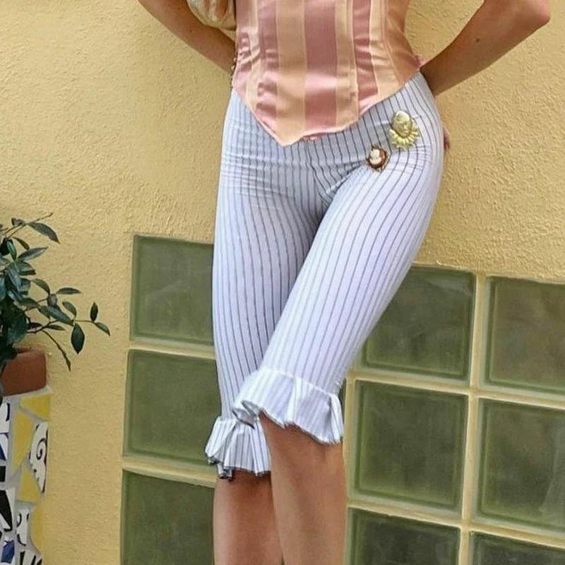 White Stripe Capri Ruffles Hem High Waist Pants