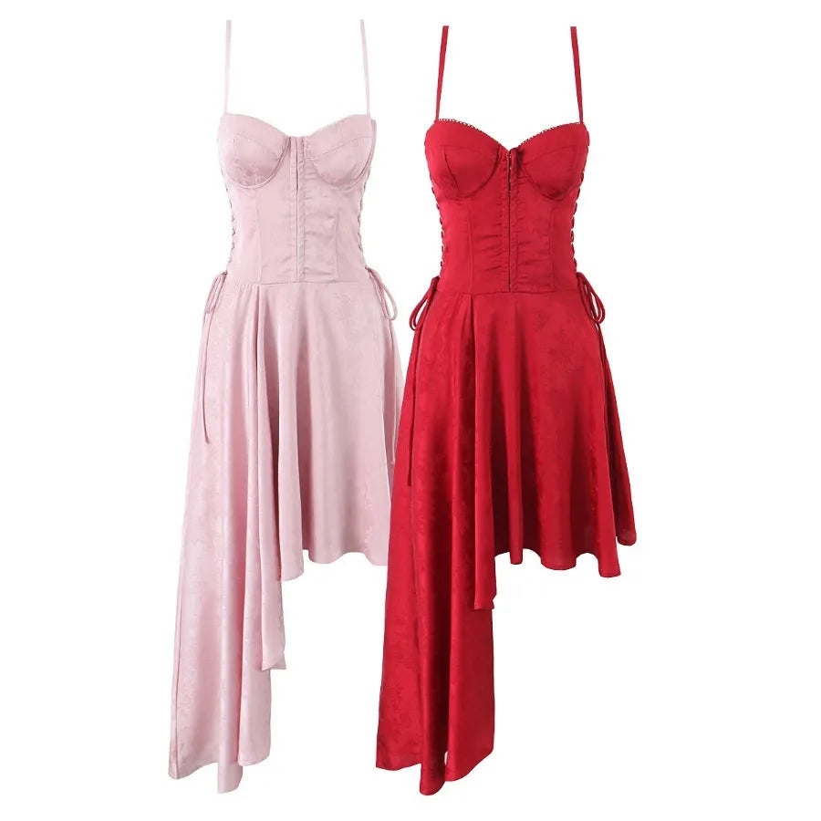 Sleeveless Lace Up Bustier Asymmetric Midi Dress