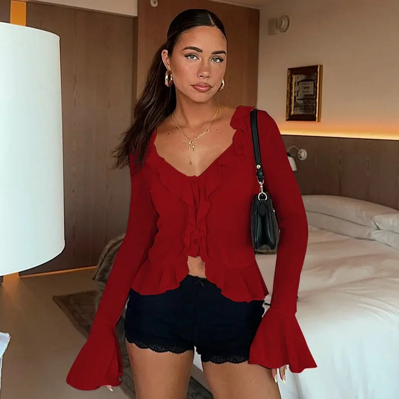 V-Neck Ruffled Long Sleeve Top