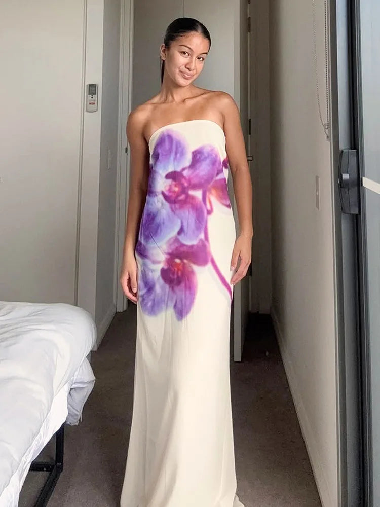 Orchid Floral Print Strapless Straight Maxi Dress