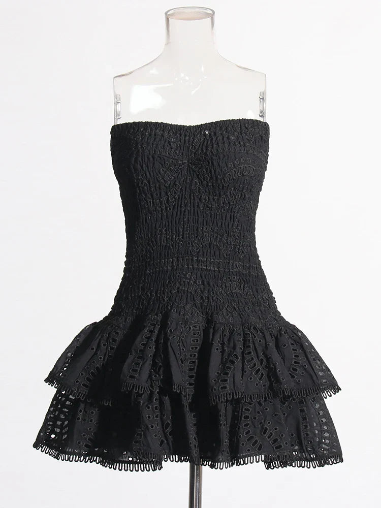 Ruched Strapless Embroidered Frill Mini Dress