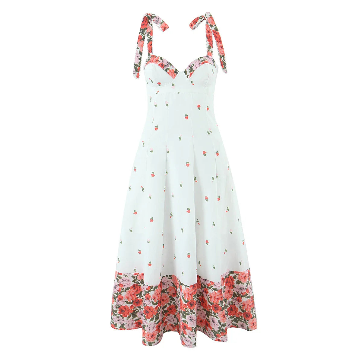 White Printed Patchwork Tie-Up Maxi Dress - Vintage Fit & Flare