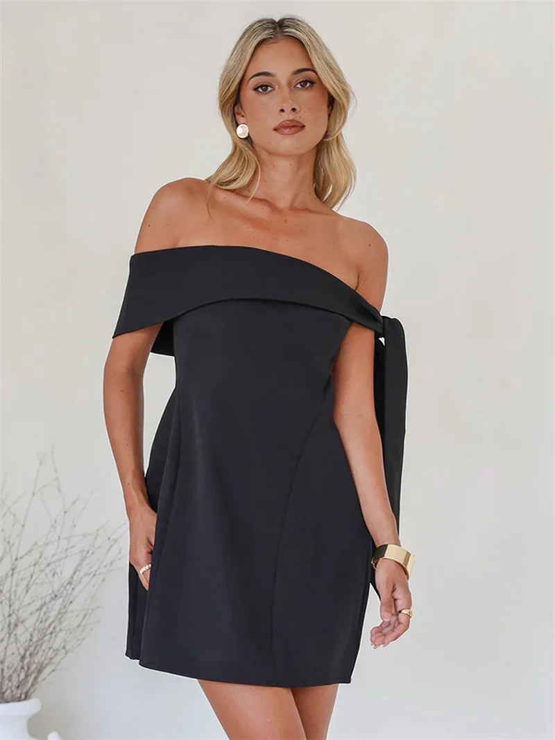 Off-shoulder Tie Up Solid Mini Dress