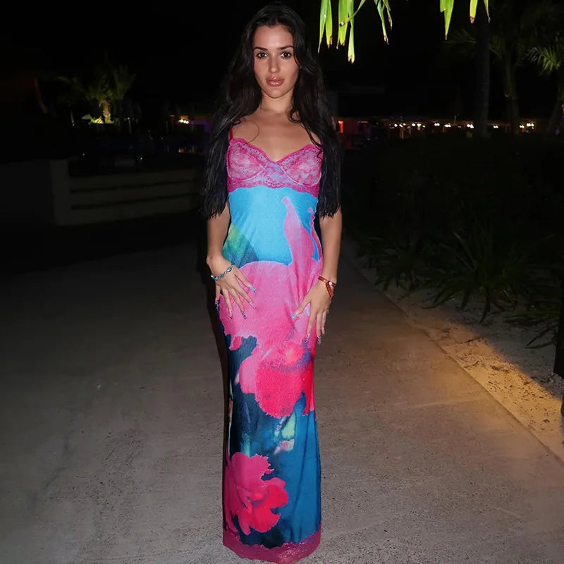 Printed Pink Lace Cami Maxi Dress