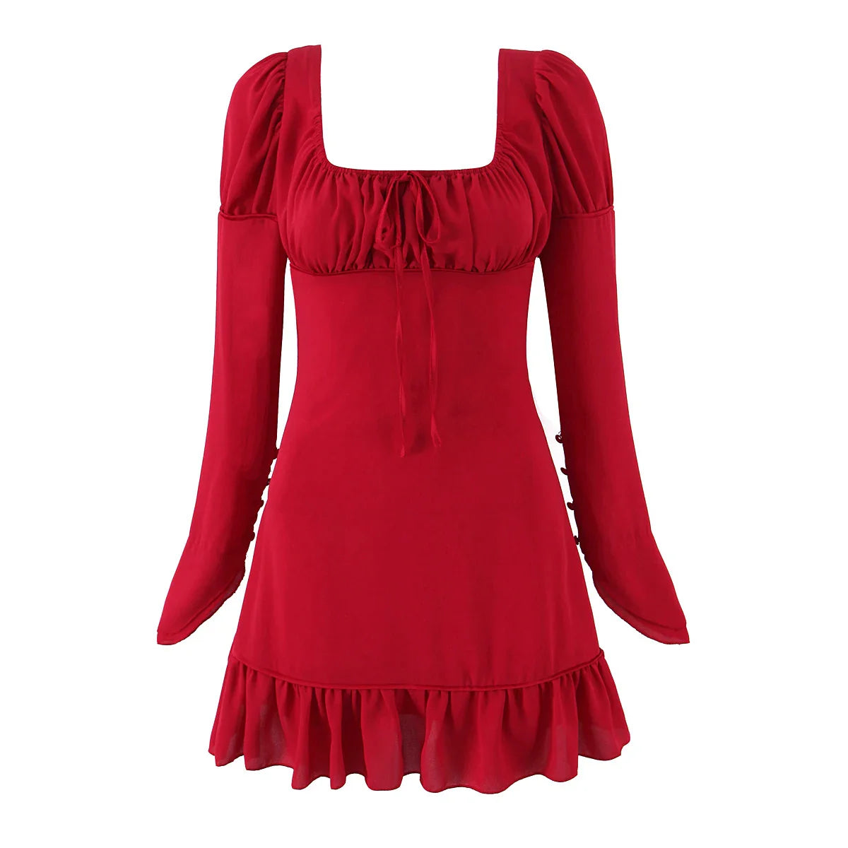 Long Sleeve Square Neck Ruched Bust Mini Dress