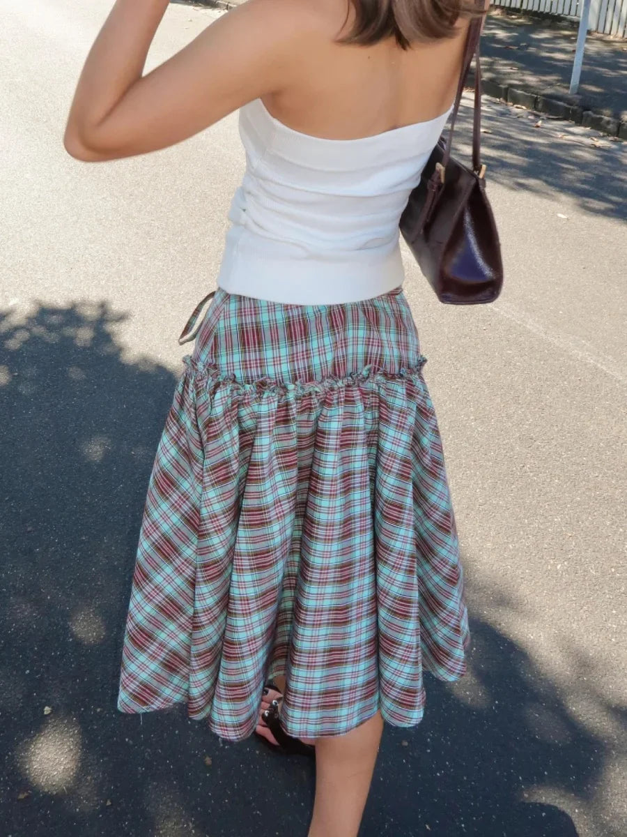 Low Rise Plaid Midi Skirt