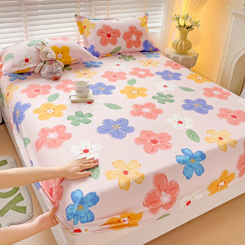 Purple Flower Bed Sheets Single/Queen/King Size Fitted Bed Sheet with Elastic Band drap de lit High Quality Mattress Cover 180