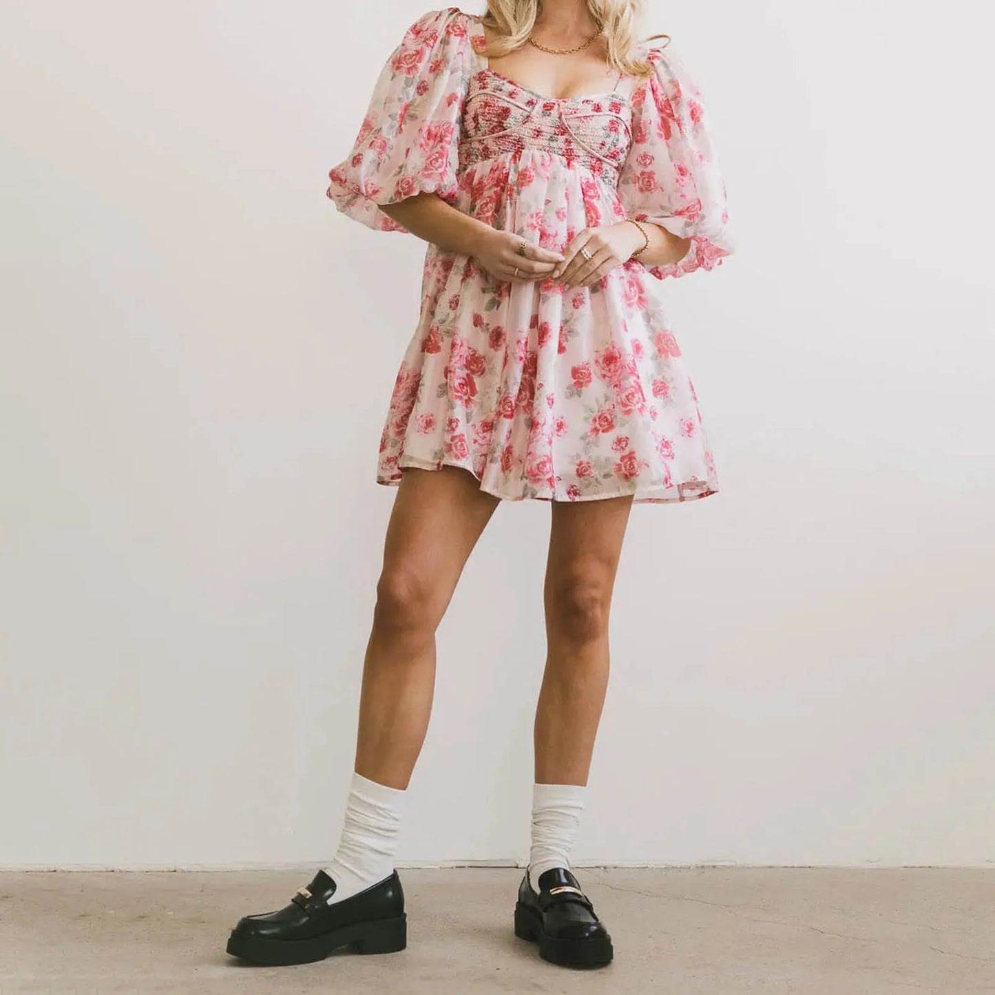 Floral Print Short Puff Sleeve Mesh Layered Babydoll Short Dress