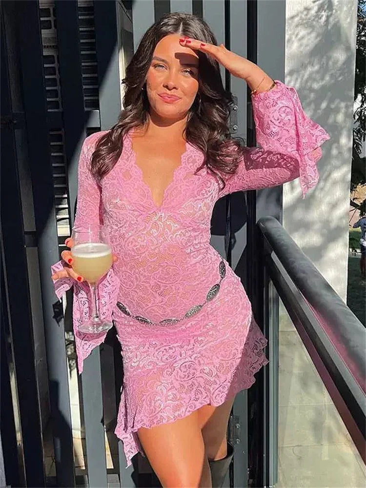 Lace Ruffles Long Sleeve Mini Dress