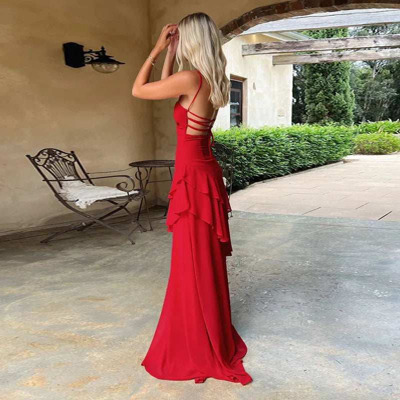 Red Ruffled Maxi Dress â€?Lace-Up Strappy Back
