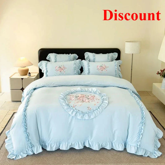 4Pcs Rose Flowers Embroidery Bedding Set Double King Queen Size Pink Girls Bedroom Duvet Cover Flat/Fitted Bed Sheet