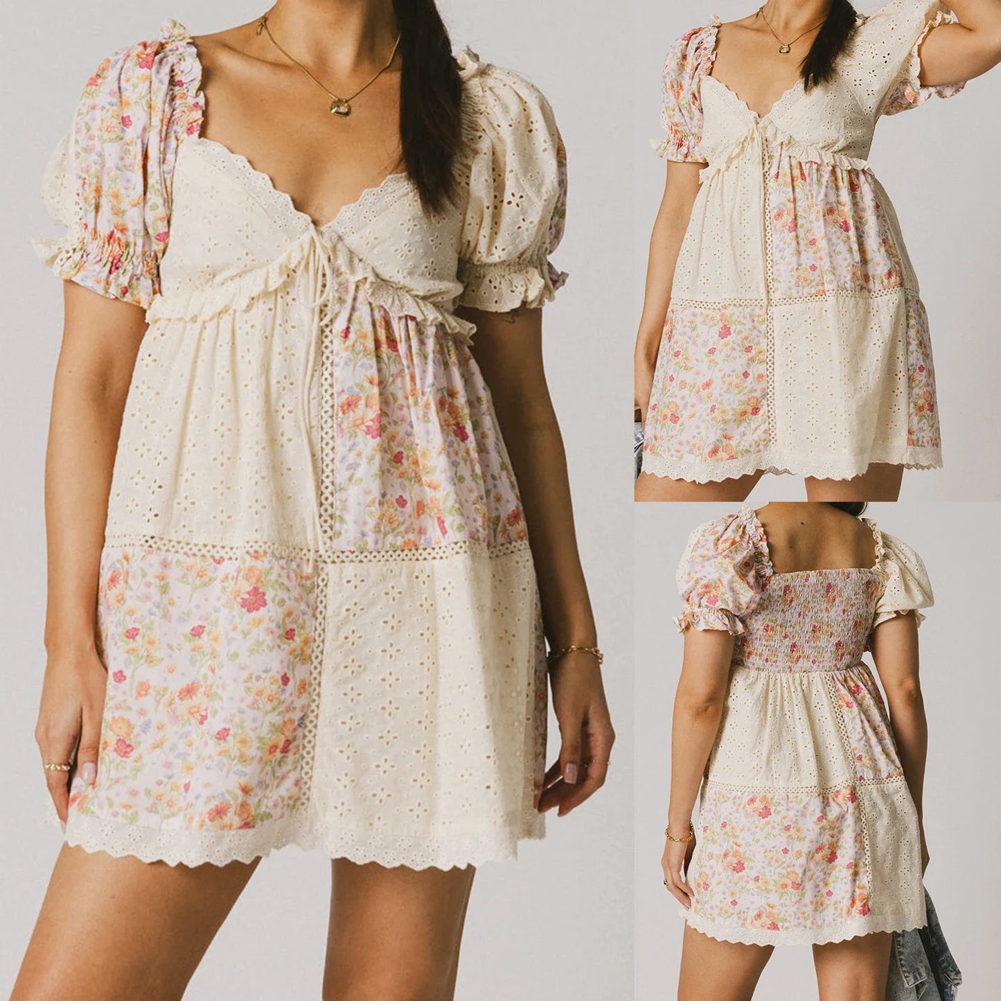 Floral Print Bow Tie Front Puff Sleeve Babydoll Mini Dress