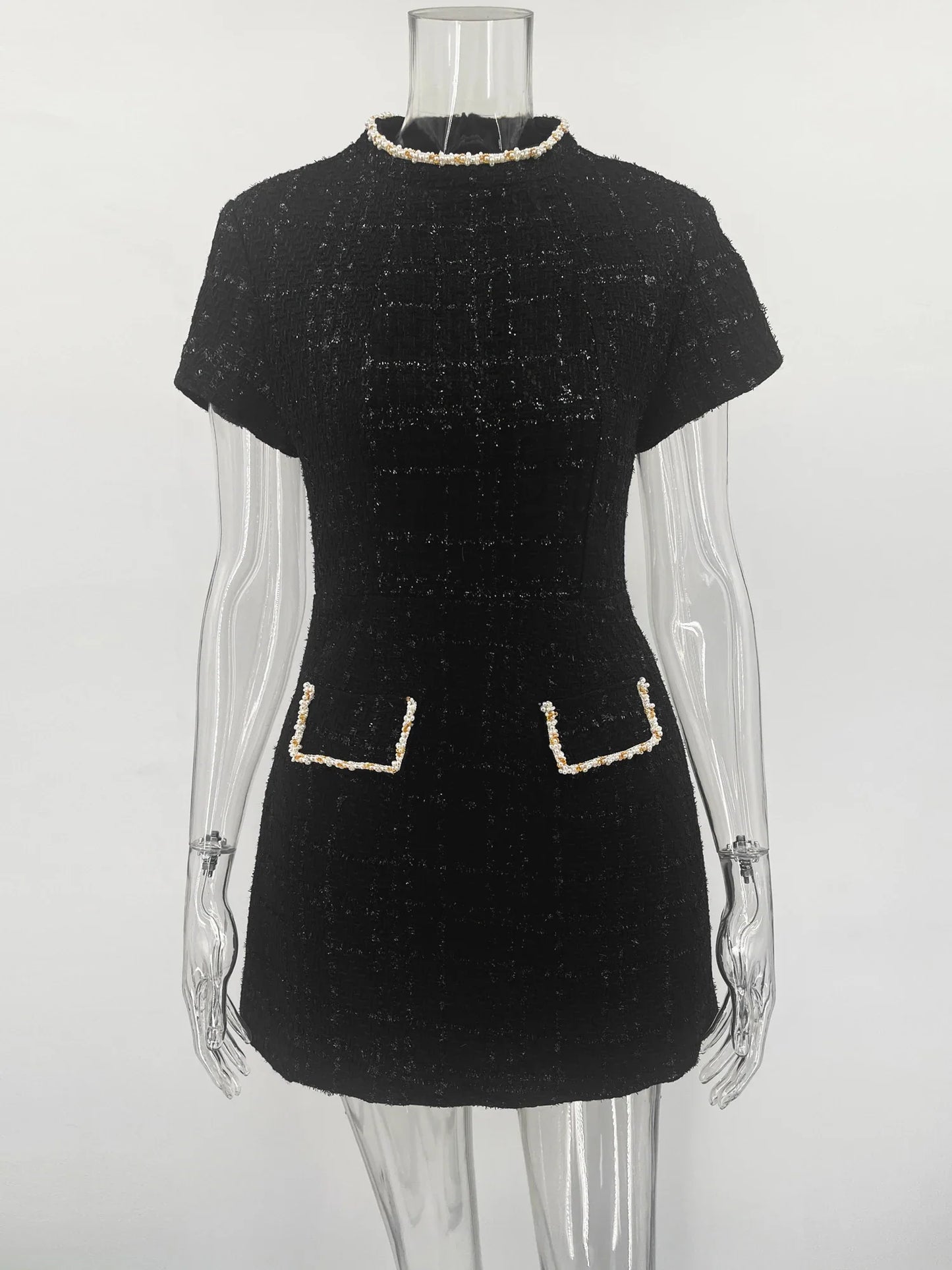 Tweed Solid Beaded Seam Mini Dress