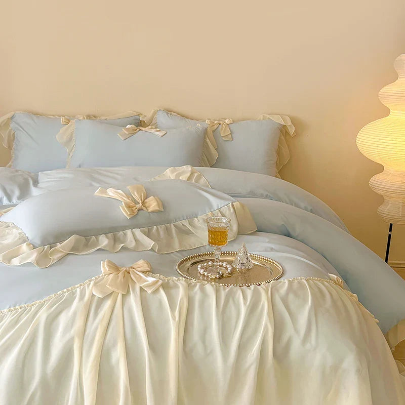 French Princess Style Bedding Sets Ruffle Lace Bow Quilt Cover Romantic Wedding Bedclothes Decor Woman Girls Bedroom Duvet Cover