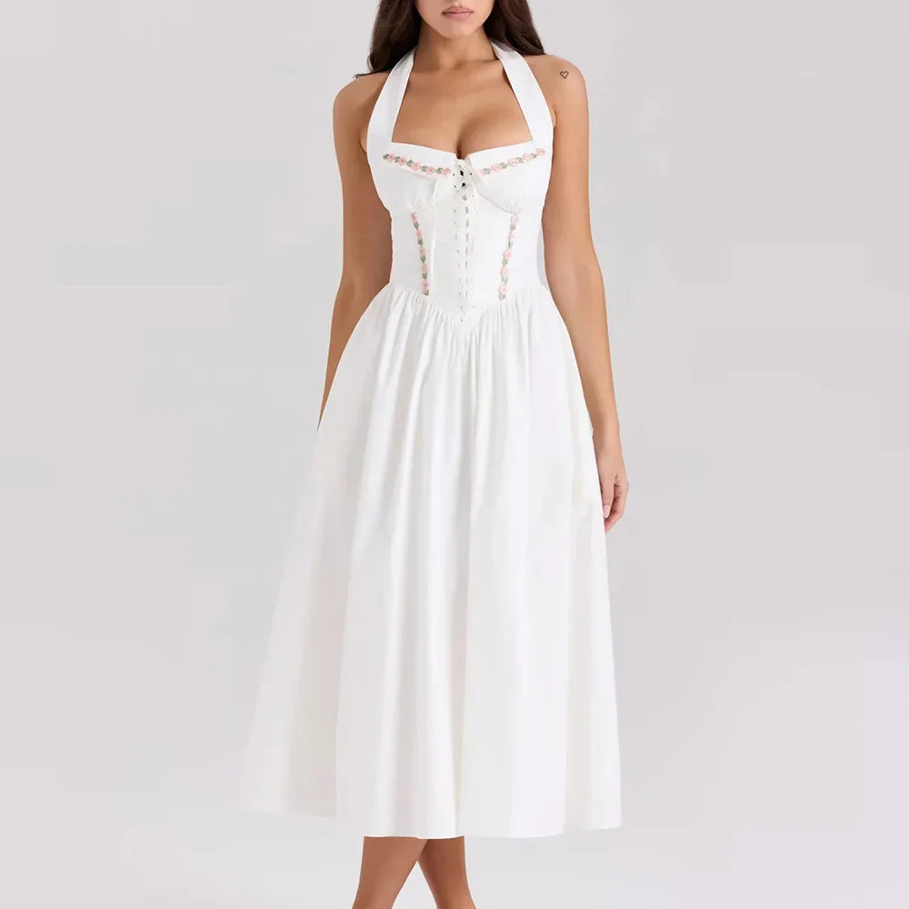 Green Embroidered Halter Midi Dress - A-Line Fit